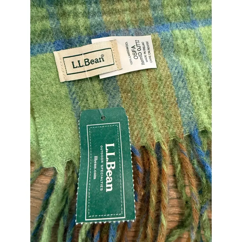 LL Bean Green Plaid Lambswool Fringed Scarf